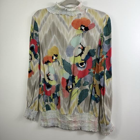 Anthropologie Blank London Floral Watercolor Top XS Smocked Sequin Chevron Boho - Picture 14 of 16